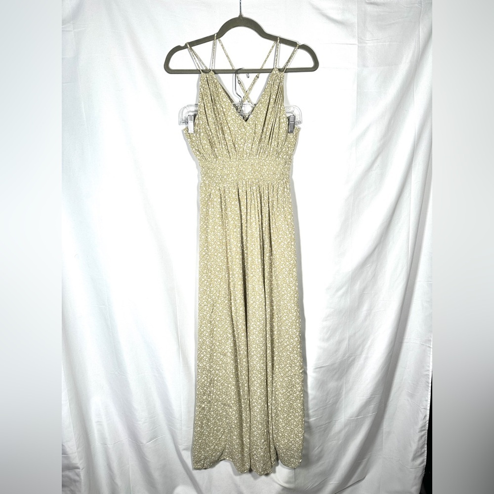 Abercrombie & Fitch Floral Viscose Maxi Dress Olive Green Smocked Strappy XS - Picture 2 of 9
